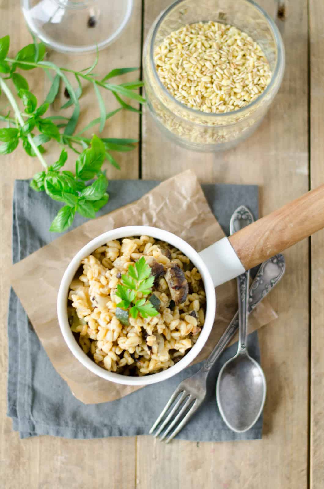 "Blésotto" aux courgettes, artichauts & parmesan