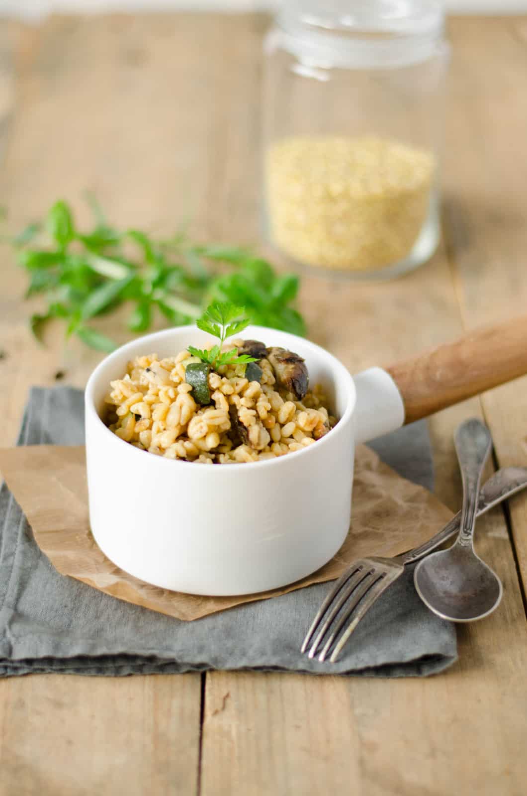 "Blésotto" aux courgettes, artichauts & parmesan