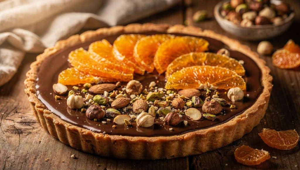 Recette gourmande de tarte chocolat, fruits secs et oranges confites