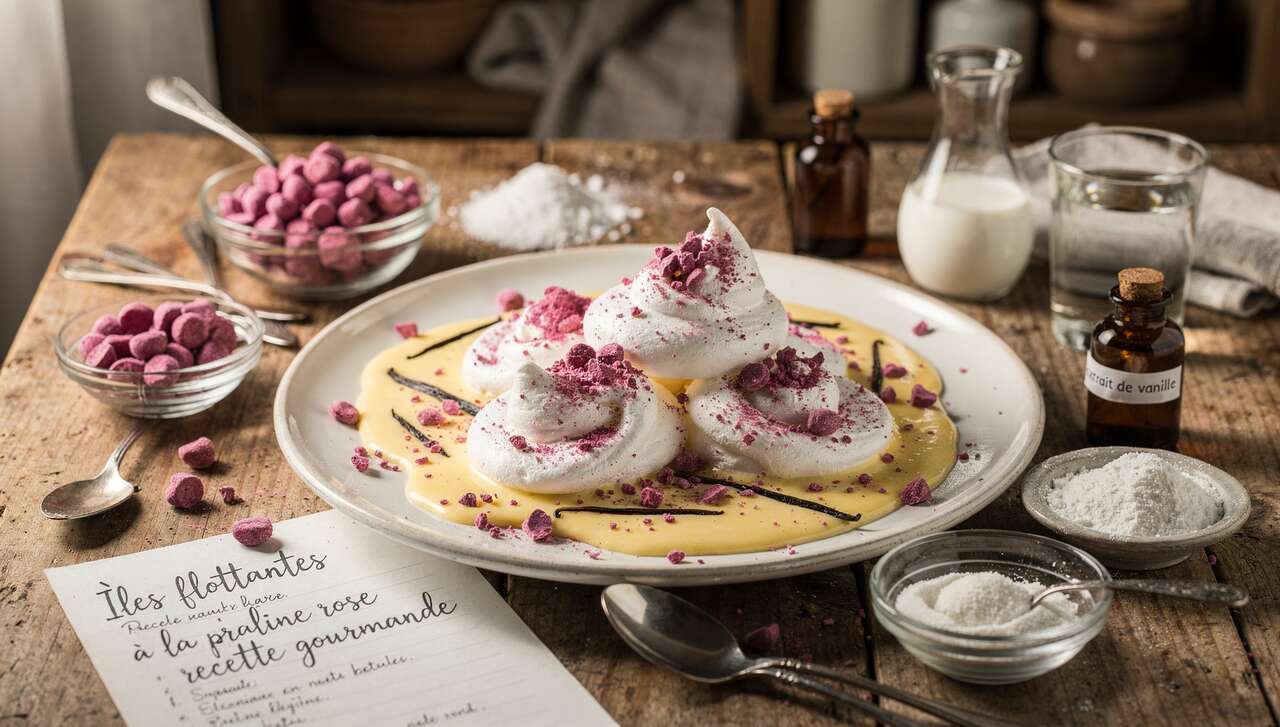 Îles flottantes à la praline rose : recette gourmande