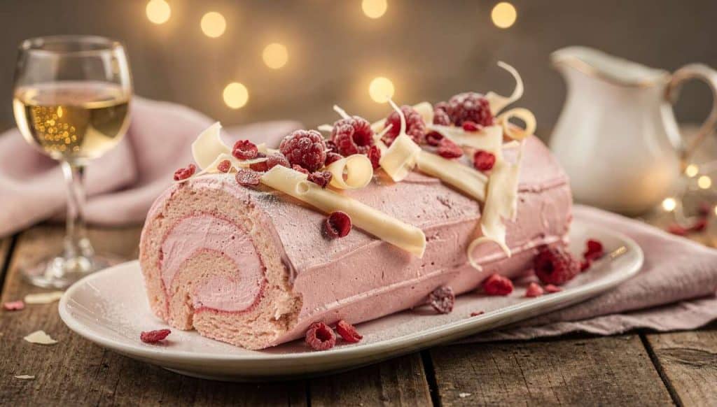 Bûche rose au marc de champagne et framboise : recette de fête gourmande