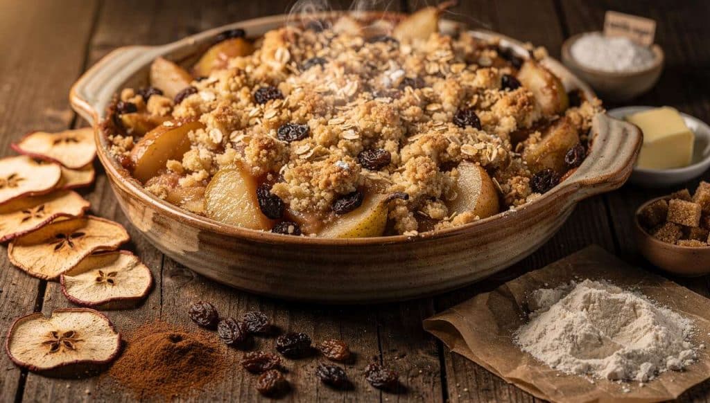 Crumble d'automne : pommes, poires et raisins secs