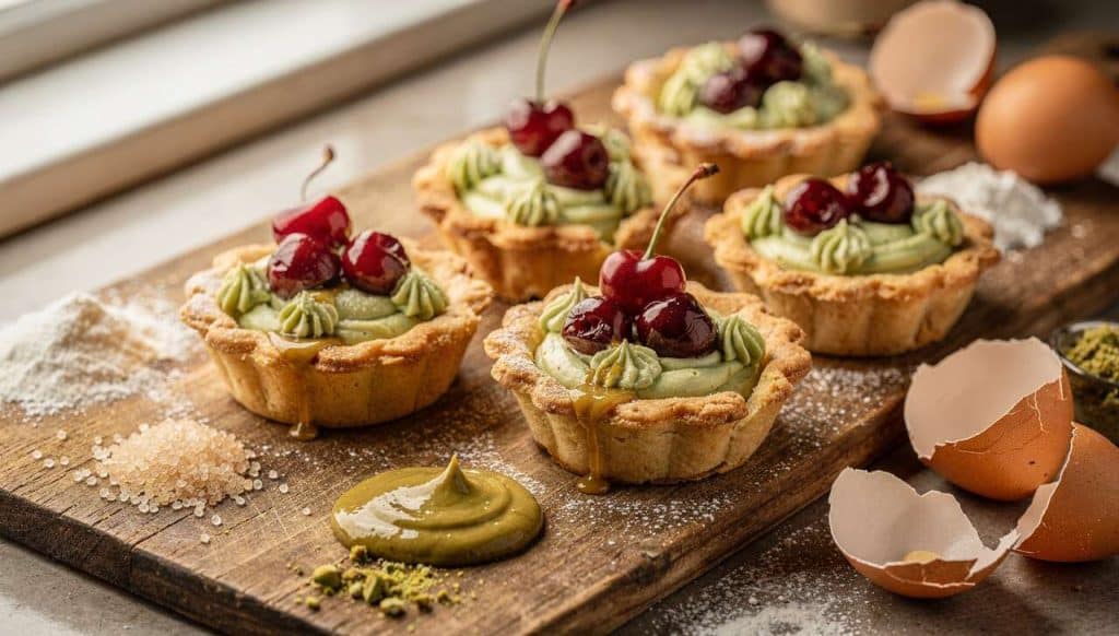 Mini-tartes cerises & crème pâtissière pistache : recette gourmande