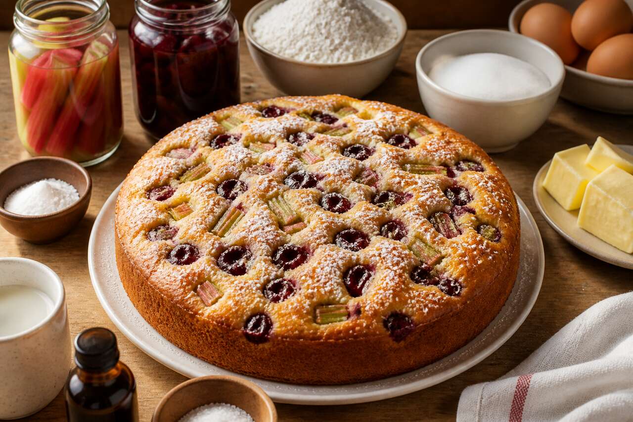 Recette de cake à la rhubarbe et cerises