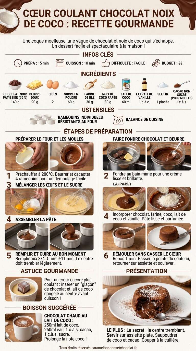 Fiche recette C&oelig;ur coulant chocolat noix de coco : recette gourmande