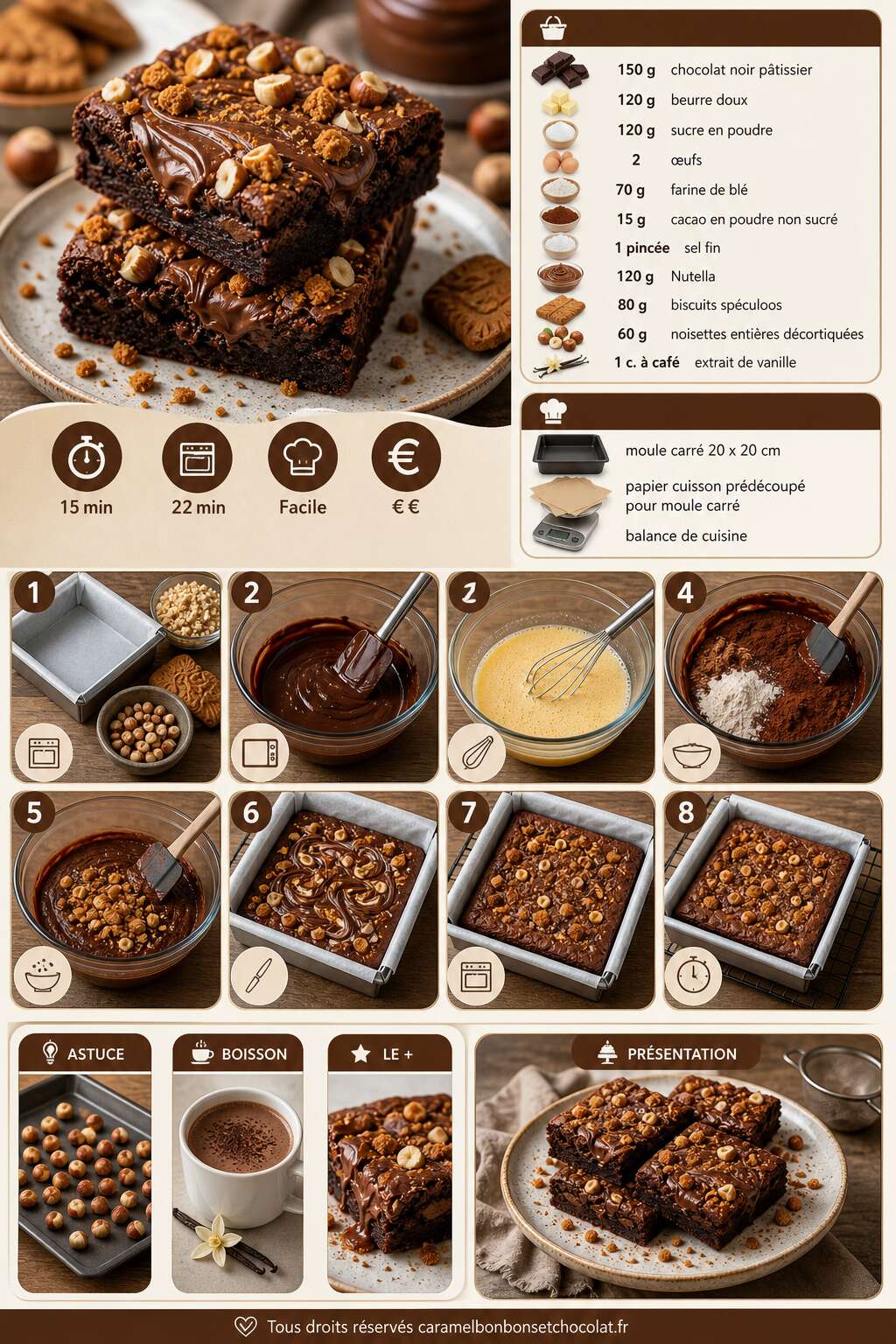 Fiche recette Recette brownie Nutella, sp&eacute;culoos et noisettes