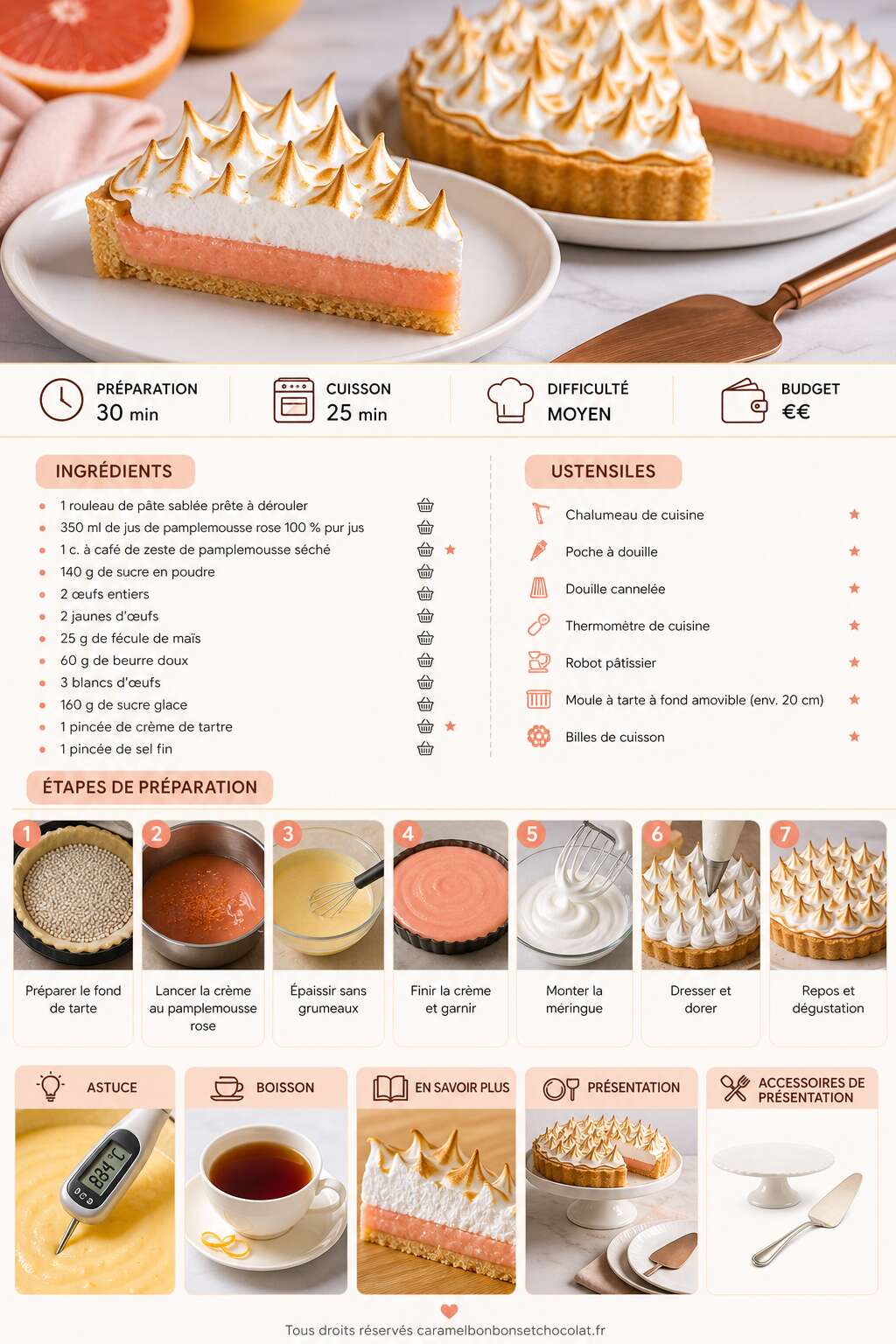 Fiche recette Tarte meringu&eacute;e au pamplemousse rose : recette gourmande
