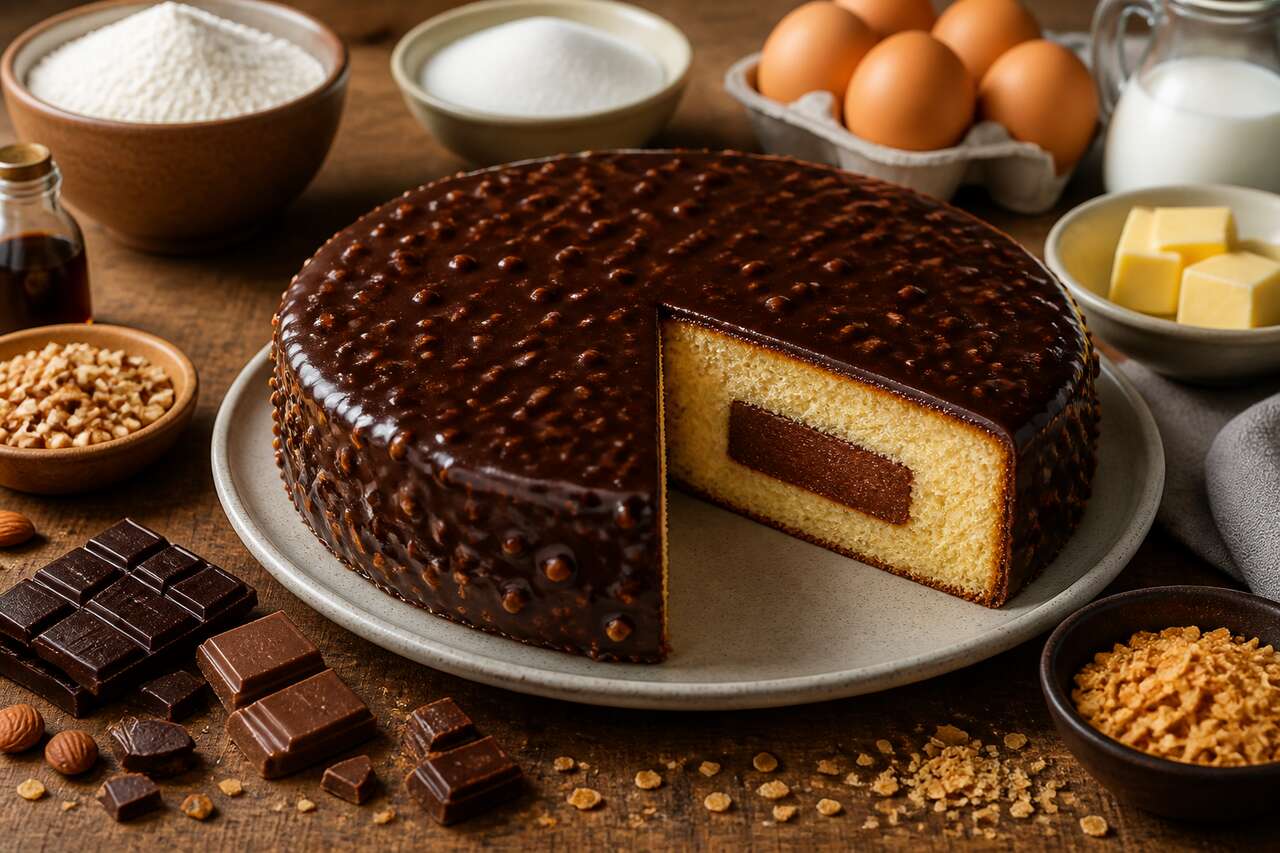 Gâteau vanille, insert chocolat, glaçage rocher : recette gourmande