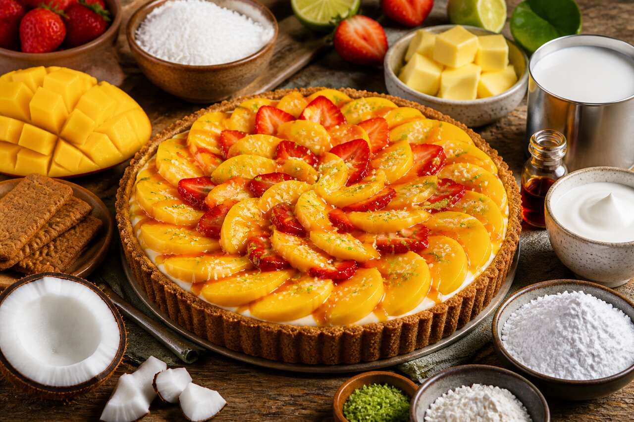 Tarte coco mangue fraise : recette exotique et gourmande