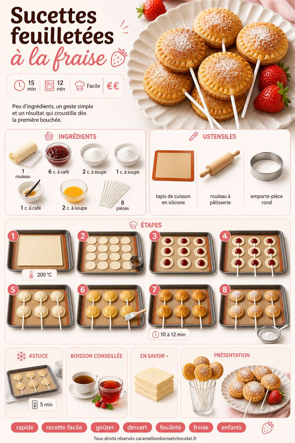 Fiche recette Sucettes feuilletées à la fraise : recette facile et rapide Fiche recette Sucettes feuilletées à la fraise : recette facile et rapide