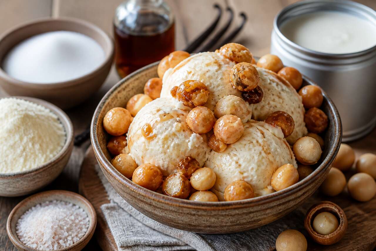 Glace vanille aux noix de macadamia caramélisées