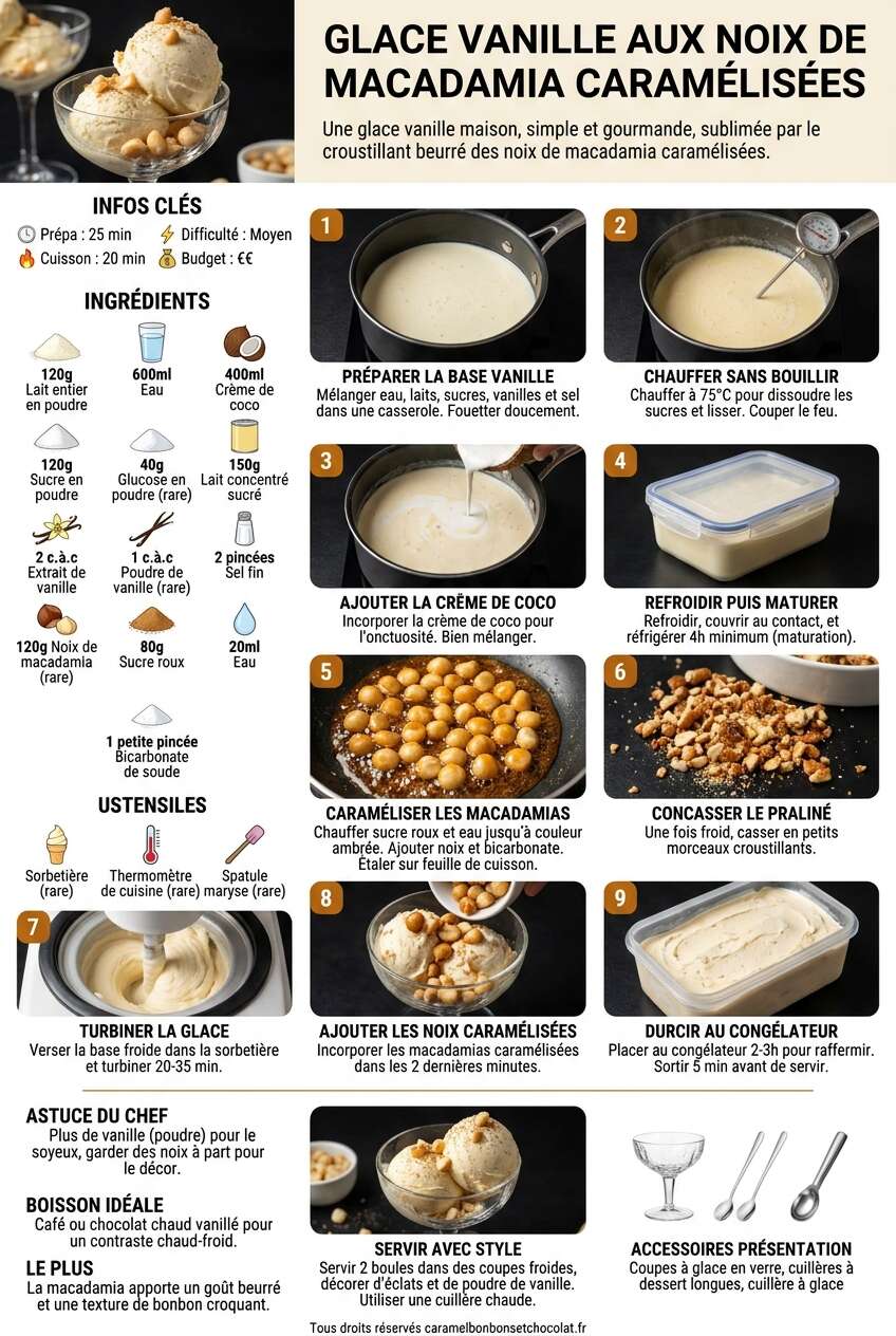 Fiche recette Glace vanille aux noix de macadamia caramélisées Fiche recette Glace vanille aux noix de macadamia caramélisées