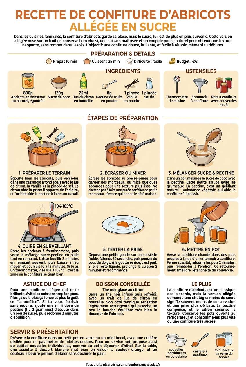 Fiche recette Recette de confiture d'abricots all&eacute;g&eacute;e en sucre