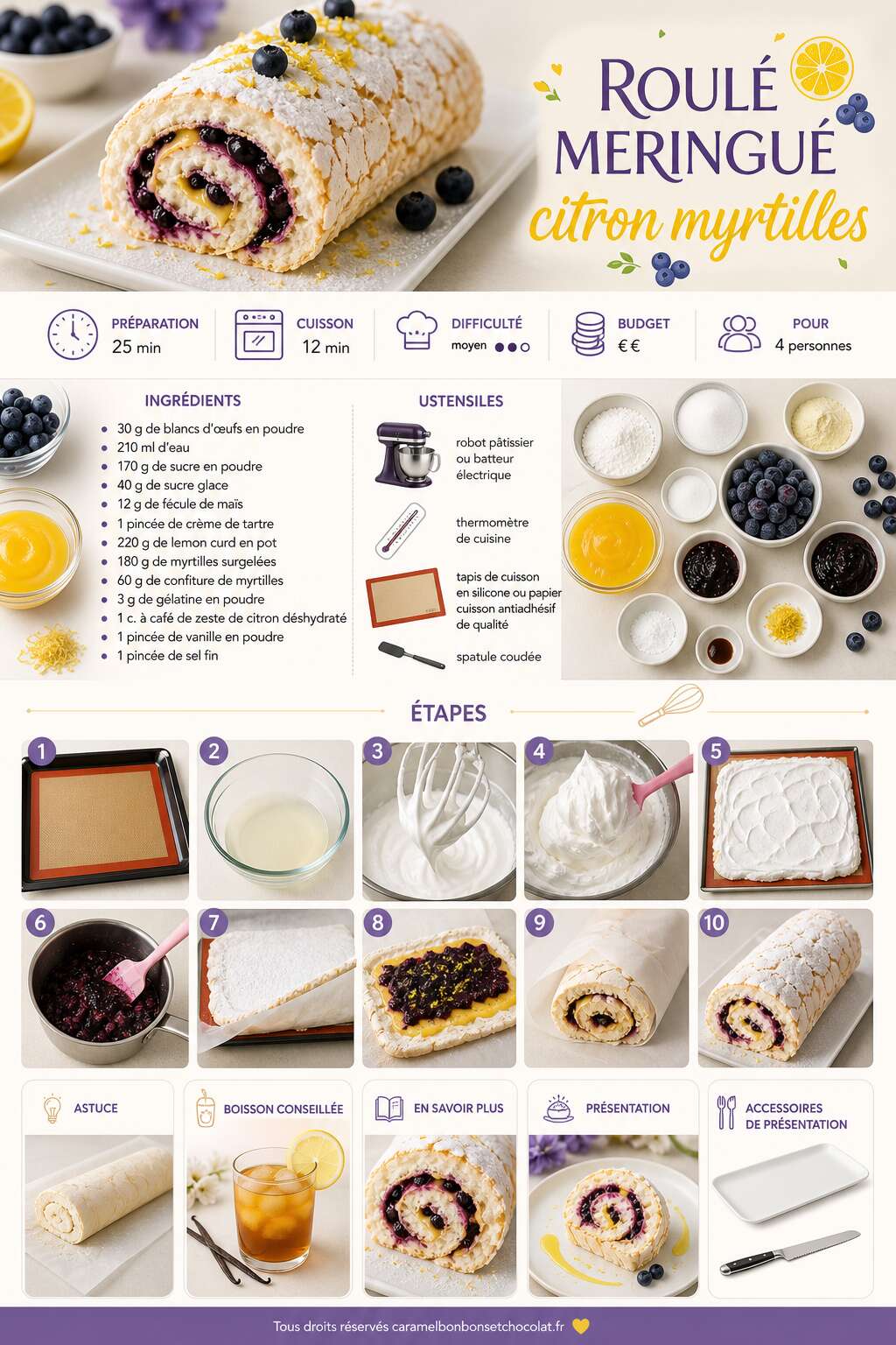 Fiche recette Roulé meringué citron myrtilles : recette gourmande et fruitée Fiche recette Roulé meringué citron myrtilles : recette gourmande et fruitée