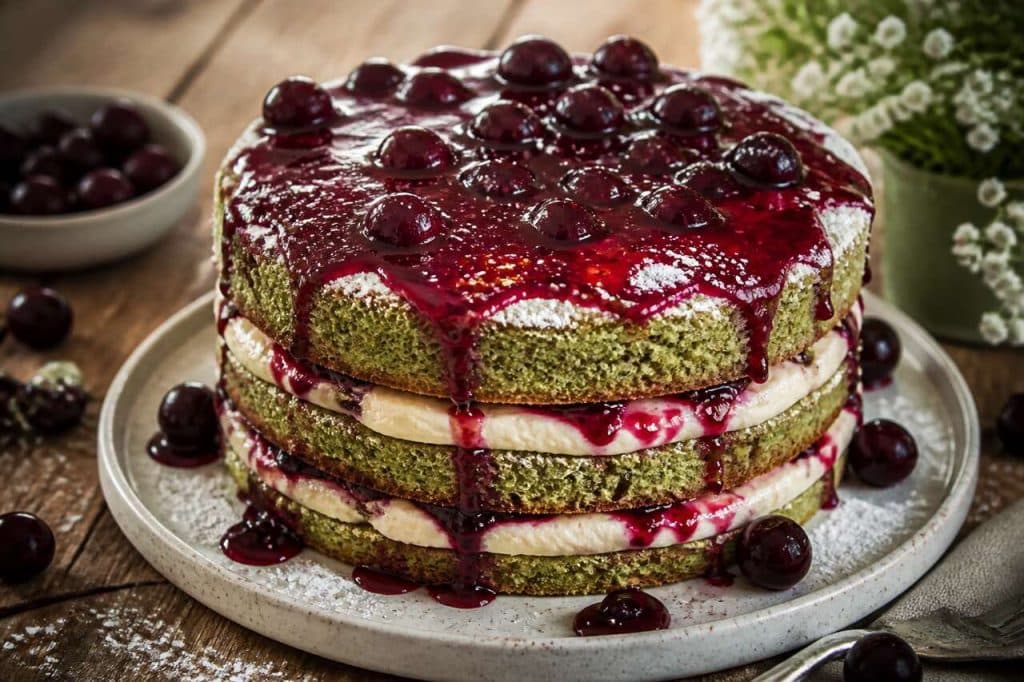 Nude cake au matcha et cerises : recette gourmande