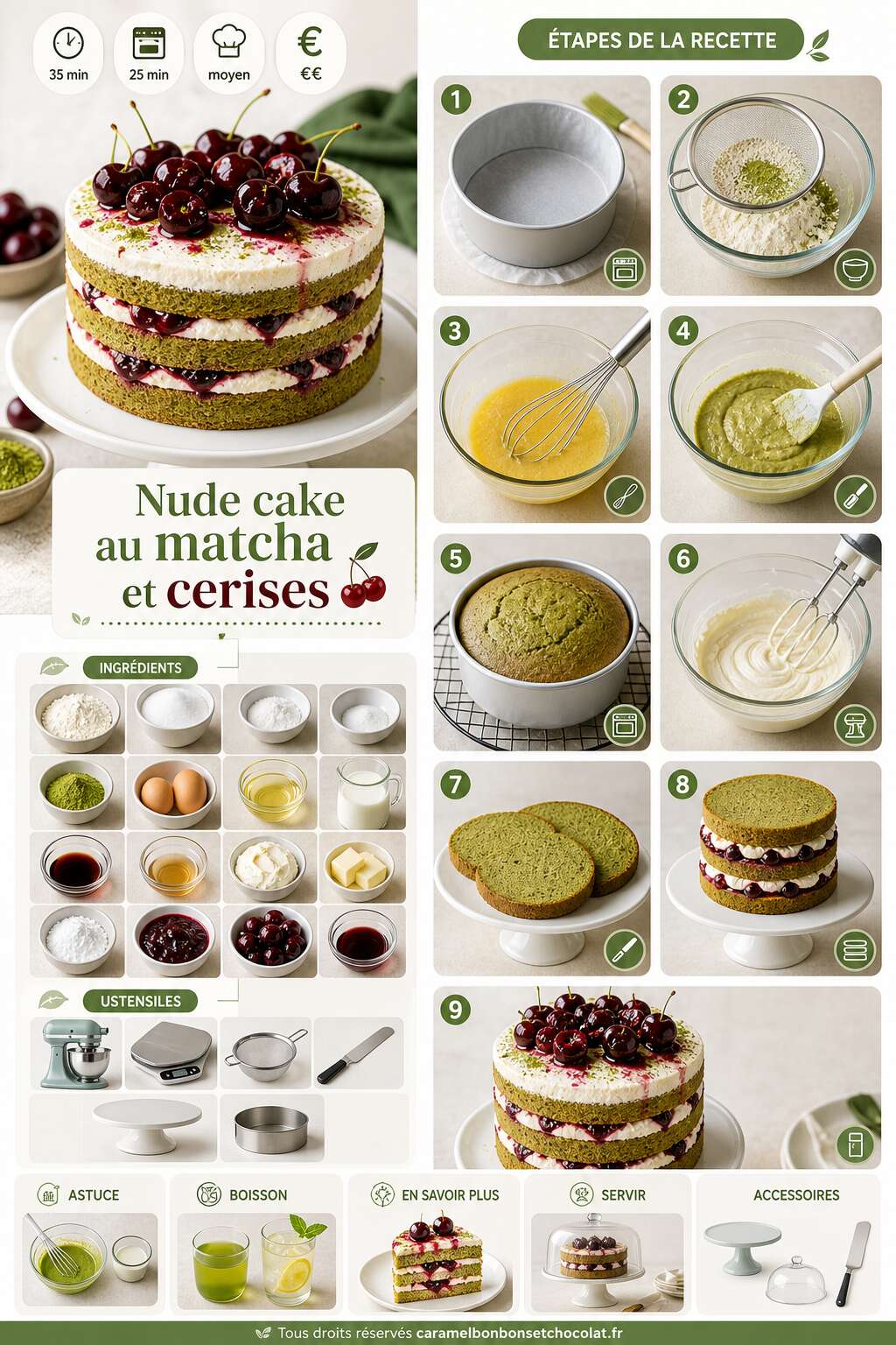 Fiche recette Nude cake au matcha et cerises : recette gourmande Fiche recette Nude cake au matcha et cerises : recette gourmande