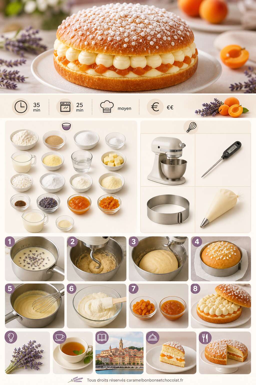 Fiche recette Recette de tropézienne à l'abricot et à la lavande Fiche recette Recette de tropézienne à l'abricot et à la lavande