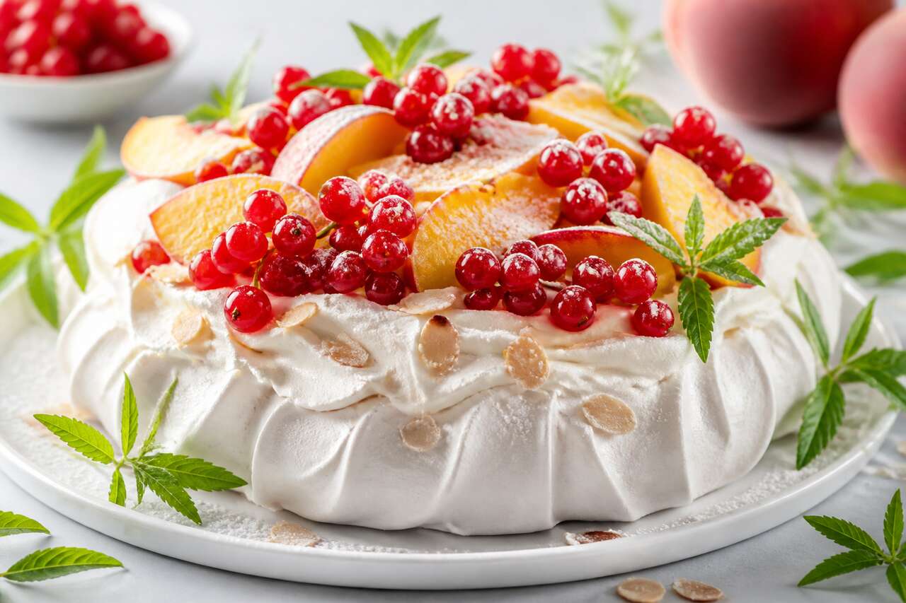 Recette de pavlova aux groseilles, pêches et verveine citronnelle