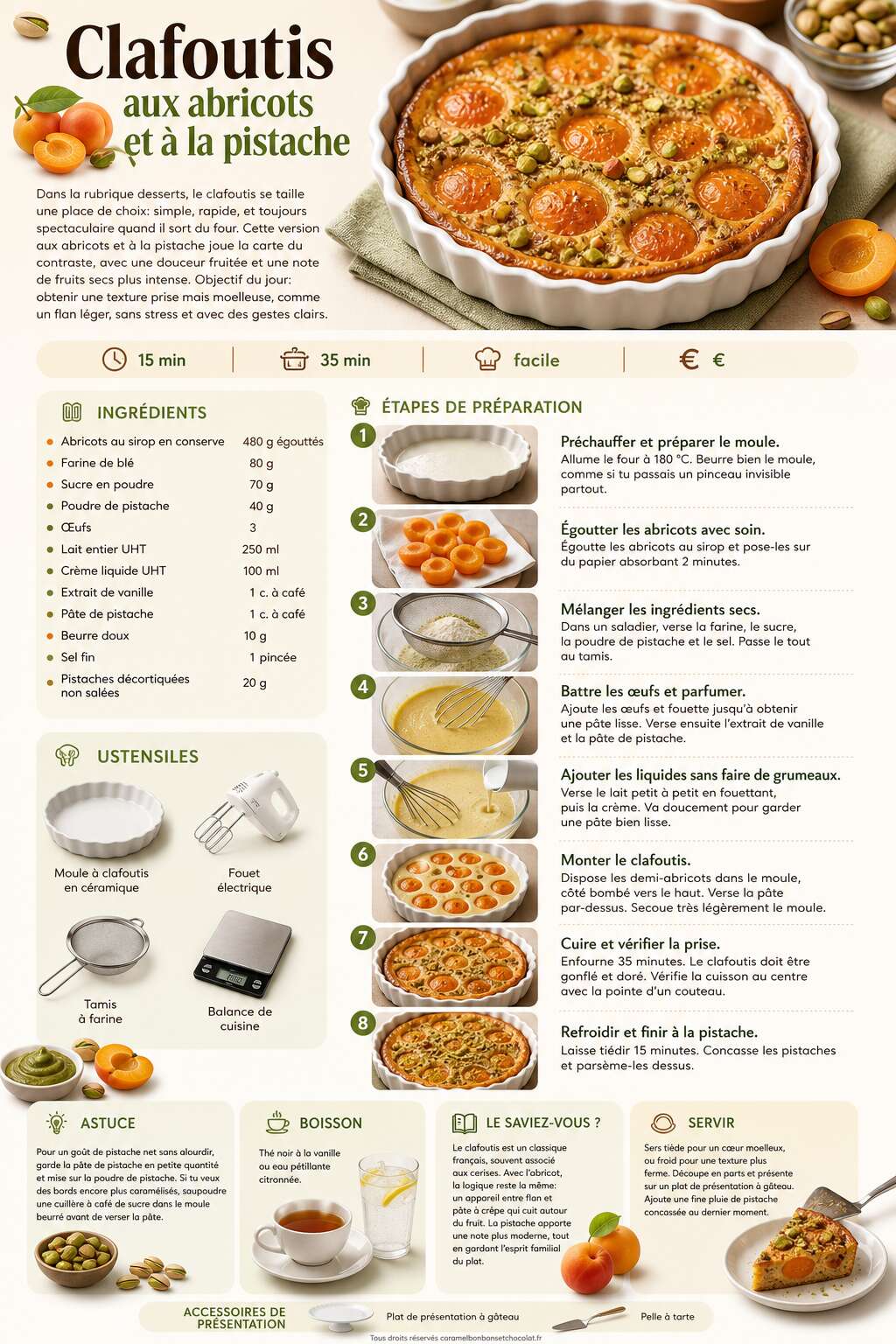 Fiche recette Recette du clafoutis aux abricots et &agrave; la pistache