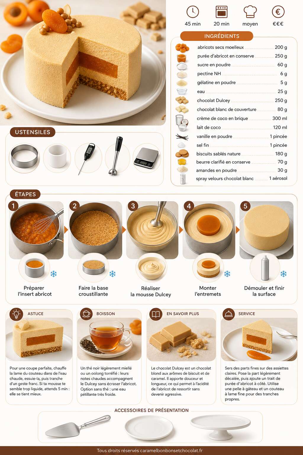 Fiche recette Recette d'entremets abricot et chocolat Dulcey Fiche recette Recette d'entremets abricot et chocolat Dulcey
