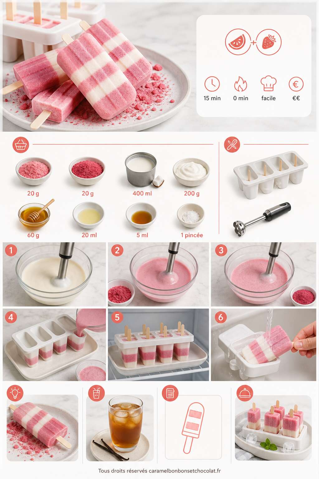 Fiche recette Recette esquimaux fraise past&egrave;que : dessert estival rafra&icirc;chissant