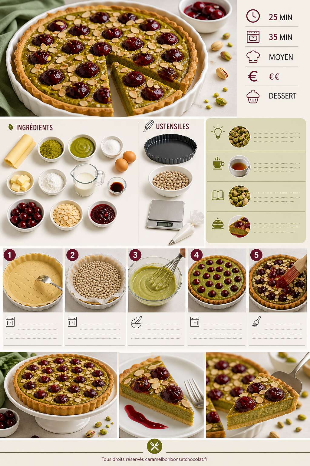 Fiche recette Tarte &agrave; la pistache et aux cerises : recette gourmande