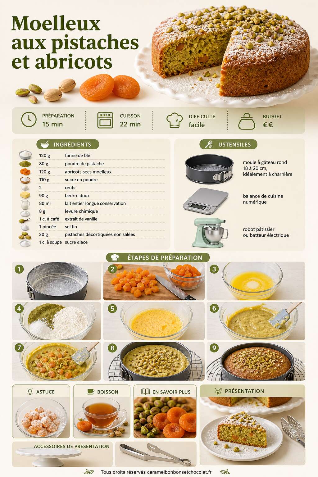Fiche recette Recette de moelleux aux pistaches et abricots Fiche recette Recette de moelleux aux pistaches et abricots
