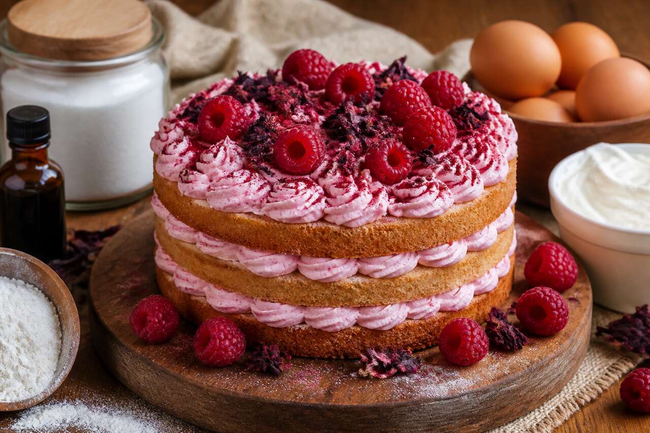 Recette du layer cake hibiscus et framboises