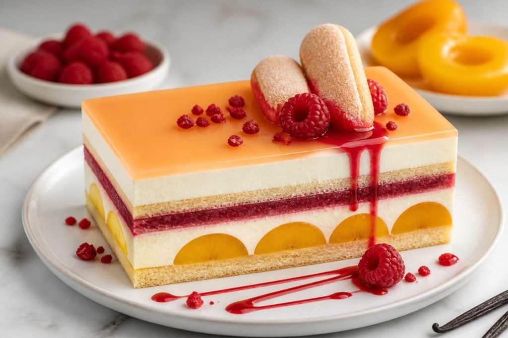 Recette d'entremets pêche Melba : pêche, framboise et vanille