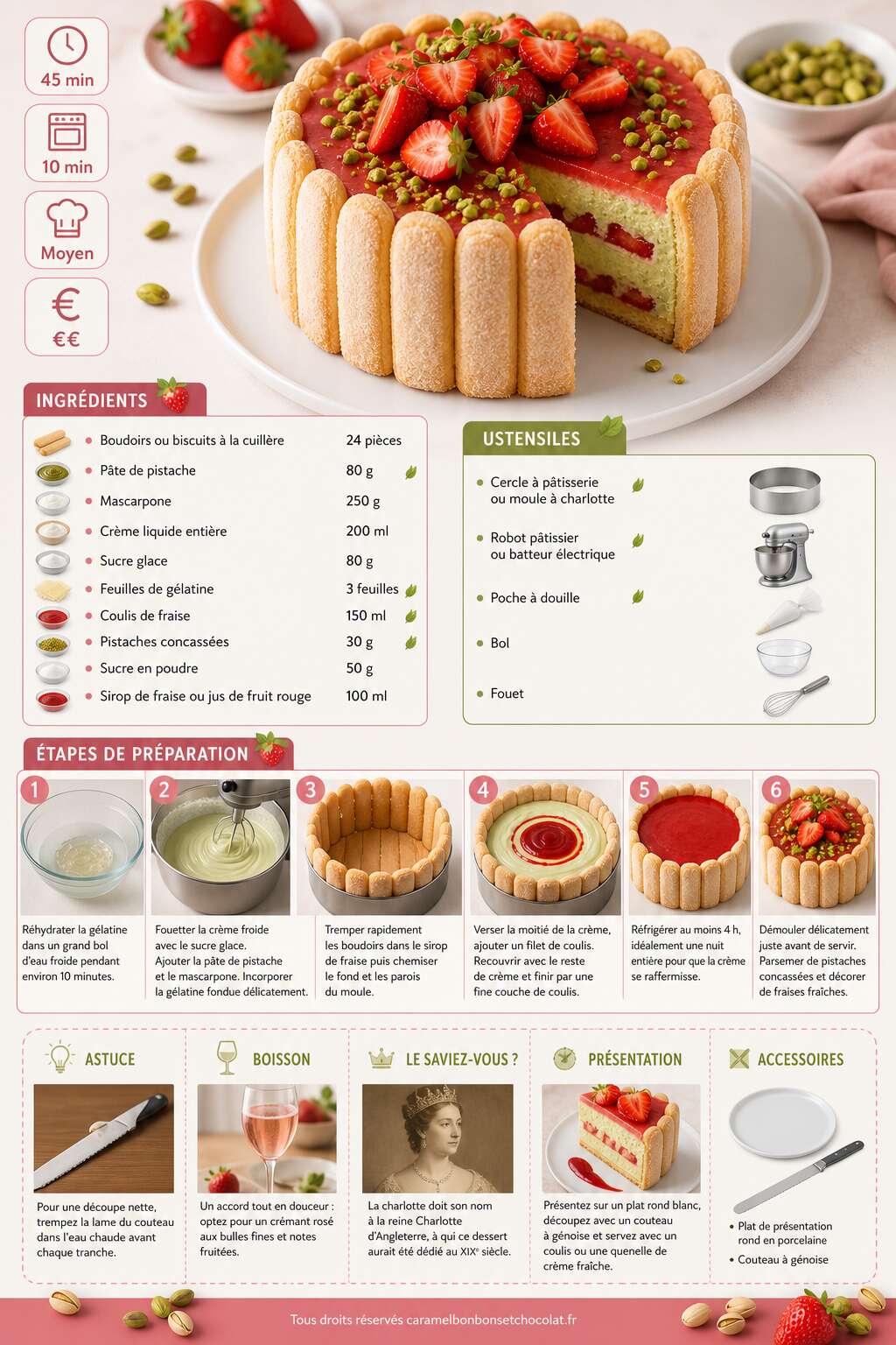 Fiche recette Charlotte fraise pistache : recette gourmande Fiche recette Charlotte fraise pistache : recette gourmande