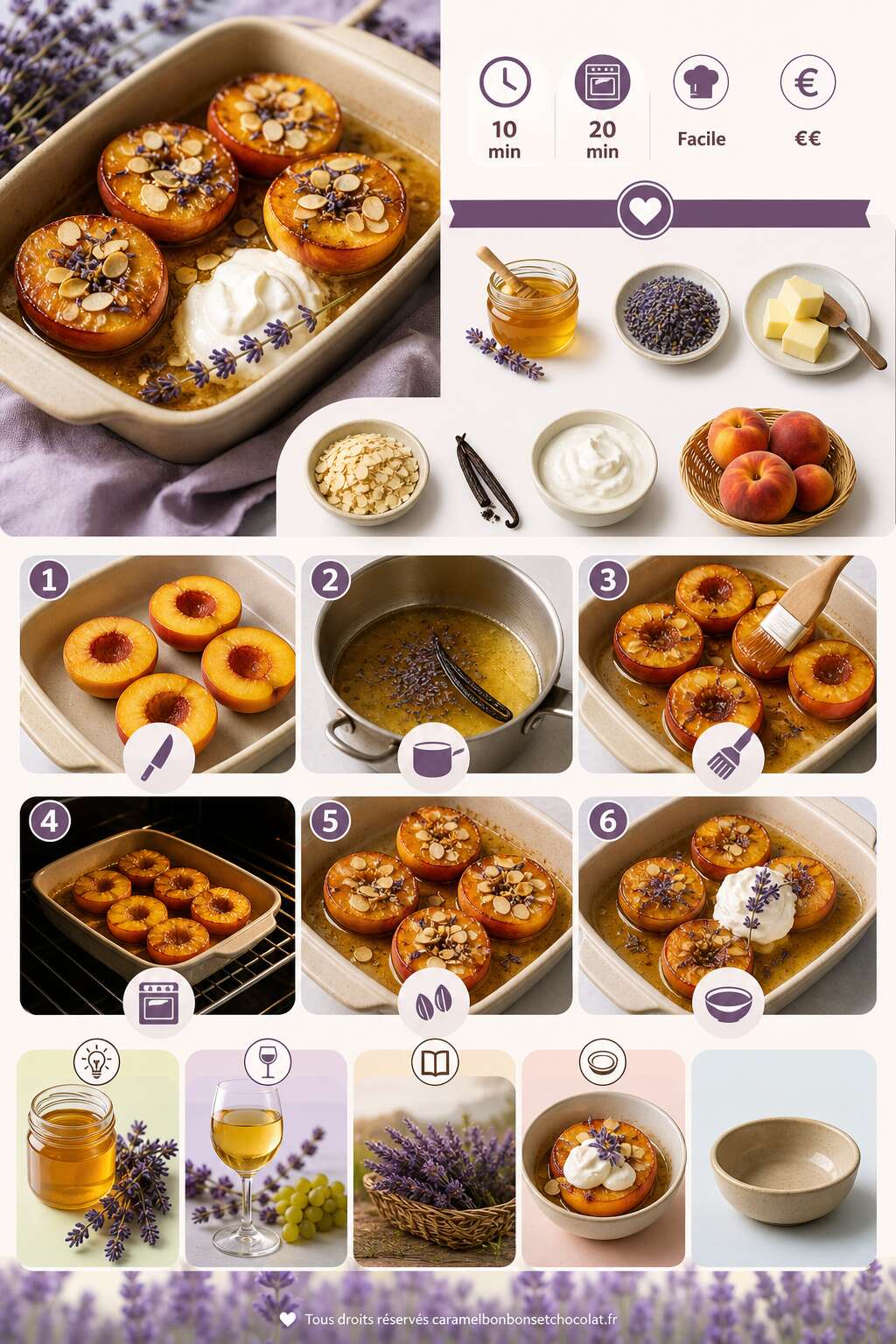 Fiche recette P&ecirc;ches r&ocirc;ties au miel et &agrave; la lavande : recette gourmande