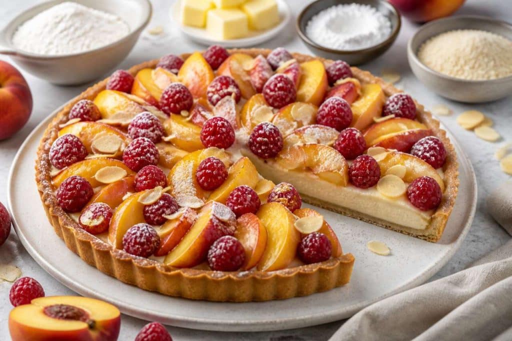 Tarte pêche framboise à la crème d'amande délicieuse
