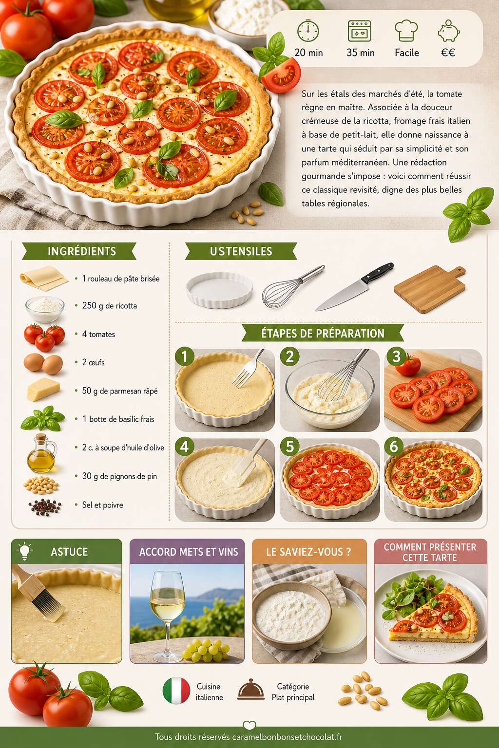 Fiche recette Recette de tarte tomate ricotta savoureuse Fiche recette Recette de tarte tomate ricotta savoureuse