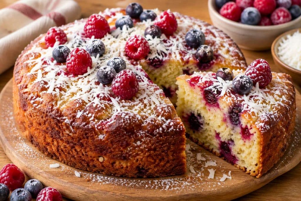 Gâteau coco et fruits rouges : recette gourmande
