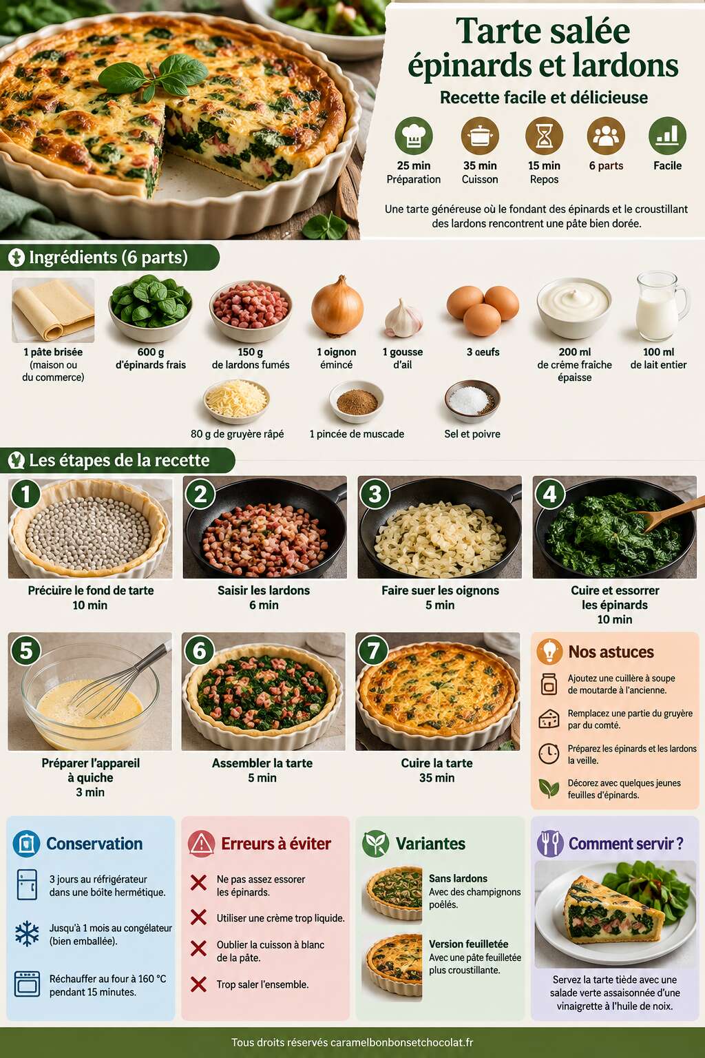 Fiche recette Tarte salée épinards et lardons : recette facile et délicieuse Fiche recette Tarte salée épinards et lardons : recette facile et délicieuse