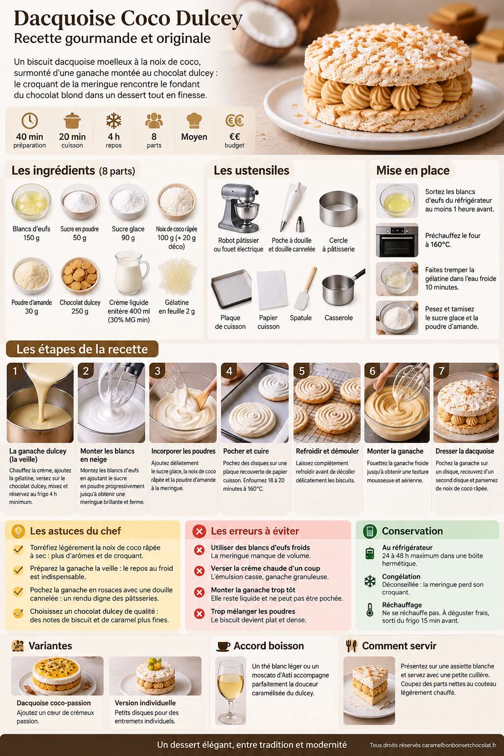 Fiche recette Dacquoise Coco Dulcey : recette gourmande et originale