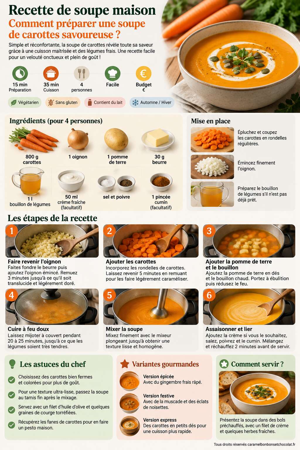 Fiche recette Recette de soupe maison : comment préparer une soupe de carottes savoureuse ? Fiche recette Recette de soupe maison : comment préparer une soupe de carottes savoureuse ?