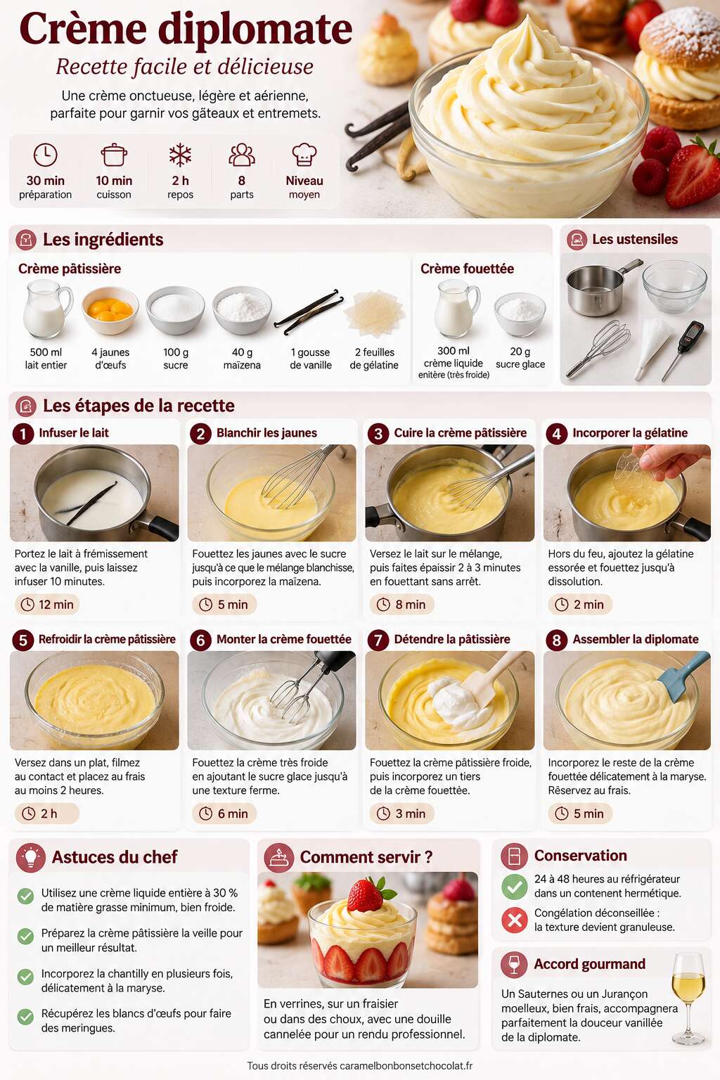 Fiche recette Cr&egrave;me diplomate : recette facile et d&eacute;licieuse