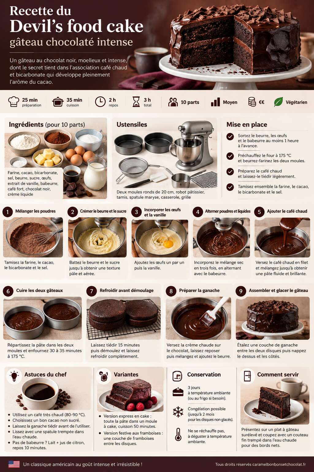 Fiche recette Recette du Devil's food cake : gâteau chocolaté intense Fiche recette Recette du Devil's food cake : gâteau chocolaté intense